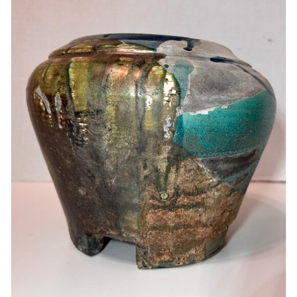Handmade Raku Studio Pottery Vase Multicolor Glaze, Footed Base, Signed by Artis - Picture 3 of 7